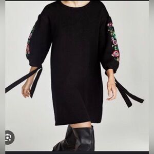Zara Black Embellished Tie Front Dress with Bishop Sleeves perfect condition